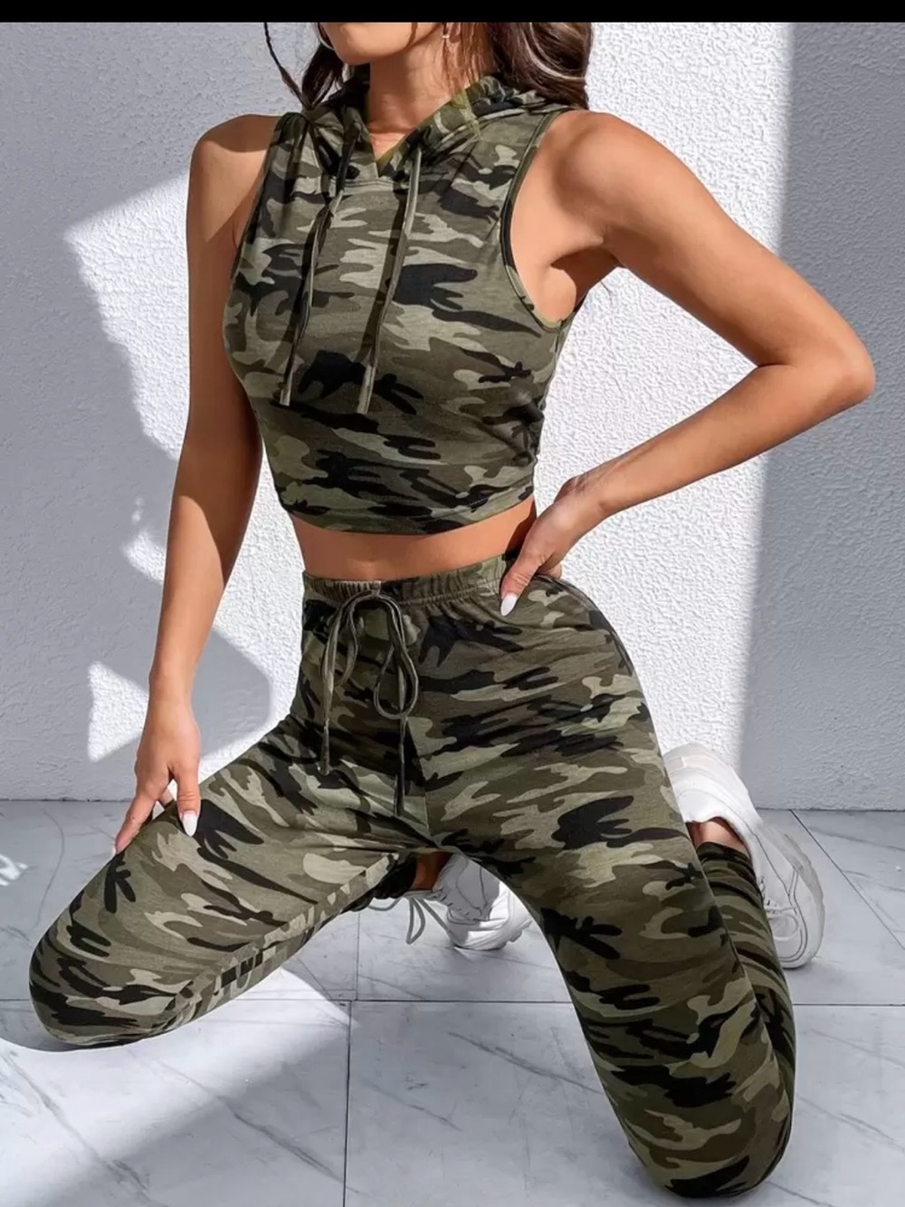 Camo Print Sleeveless Hoodie & Jogger Set - Olive Camo